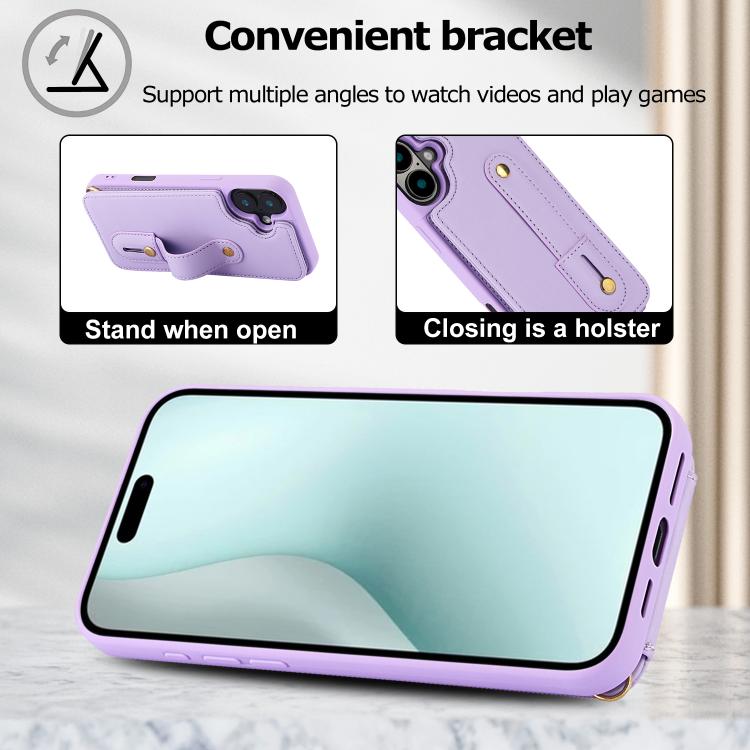 For iPhone 17 Wristband Vertical Flip Wallet Back Cover Phone Case with Long Lanyard
