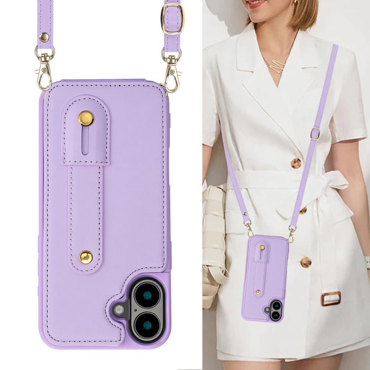 For iPhone 17 Wristband Vertical Flip Wallet Back Cover Phone Case with Long Lanyard