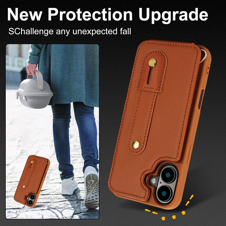 For iPhone 17 Wristband Vertical Flip Wallet Back Cover Phone Case with Long Lanyard