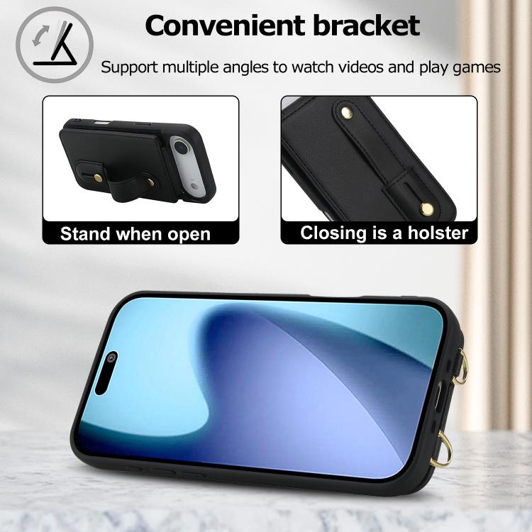 For iPhone Air Wristband Vertical Flip Wallet Back Cover Phone Case with Long Lanyard