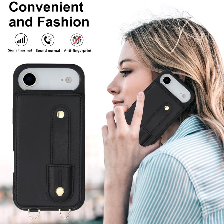 For iPhone Air Wristband Vertical Flip Wallet Back Cover Phone Case with Long Lanyard