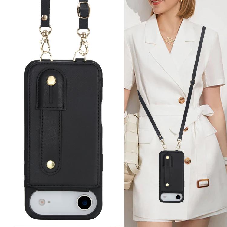 For iPhone Air Wristband Vertical Flip Wallet Back Cover Phone Case with Long Lanyard