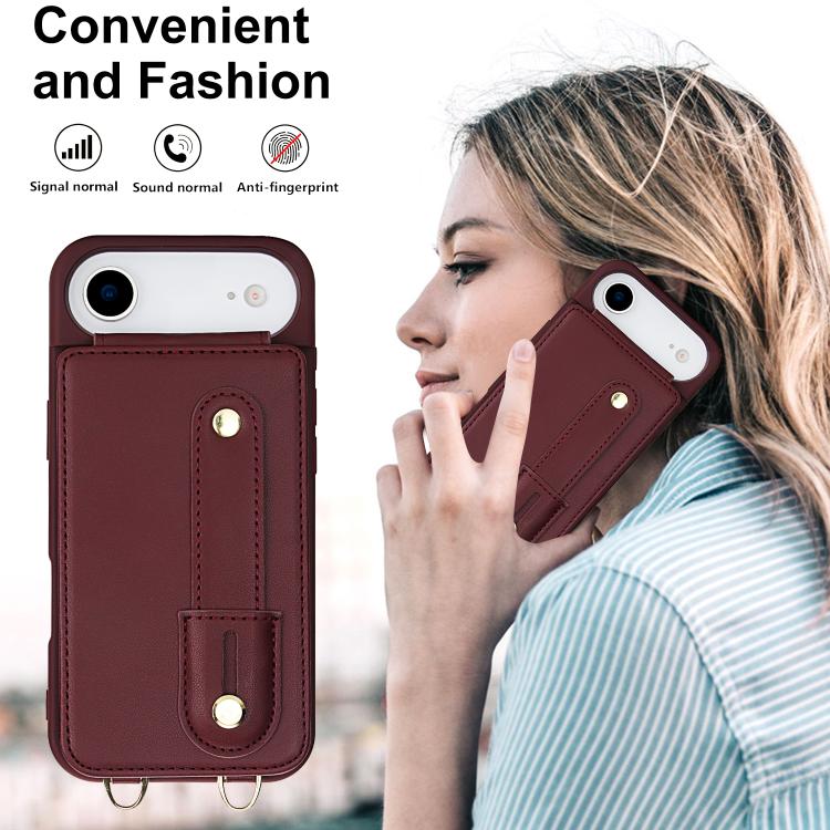 For iPhone Air Wristband Vertical Flip Wallet Back Cover Phone Case with Long Lanyard