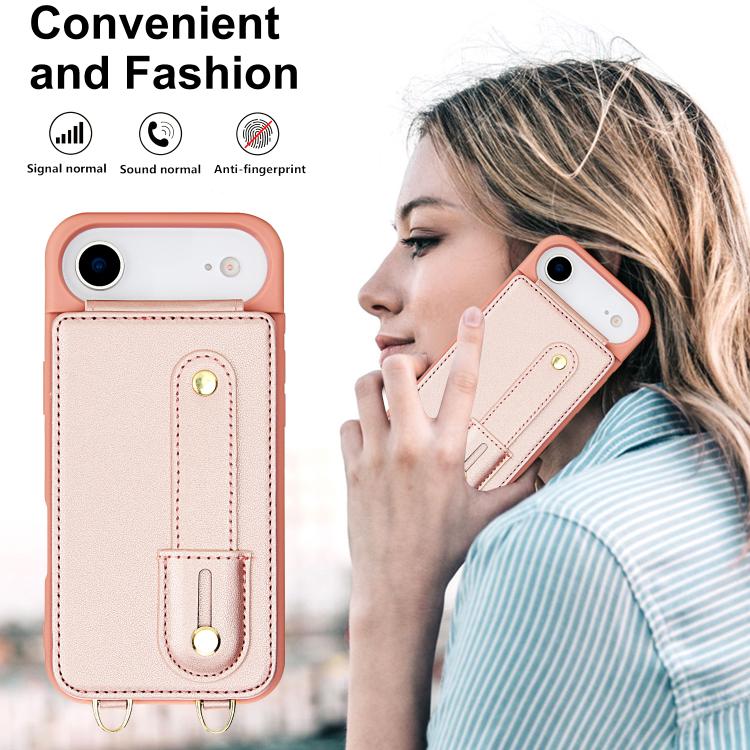 For iPhone Air Wristband Vertical Flip Wallet Back Cover Phone Case with Long Lanyard