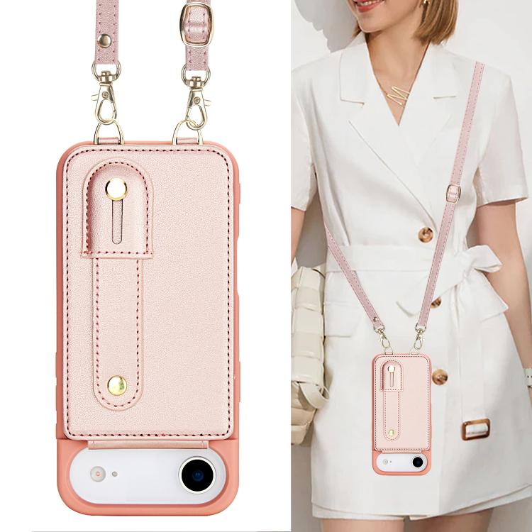 For iPhone Air Wristband Vertical Flip Wallet Back Cover Phone Case with Long Lanyard