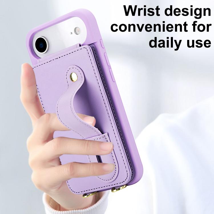 For iPhone Air Wristband Vertical Flip Wallet Back Cover Phone Case with Long Lanyard
