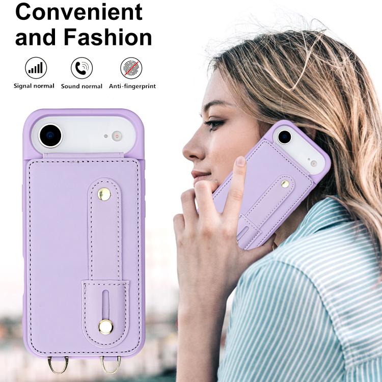 For iPhone Air Wristband Vertical Flip Wallet Back Cover Phone Case with Long Lanyard