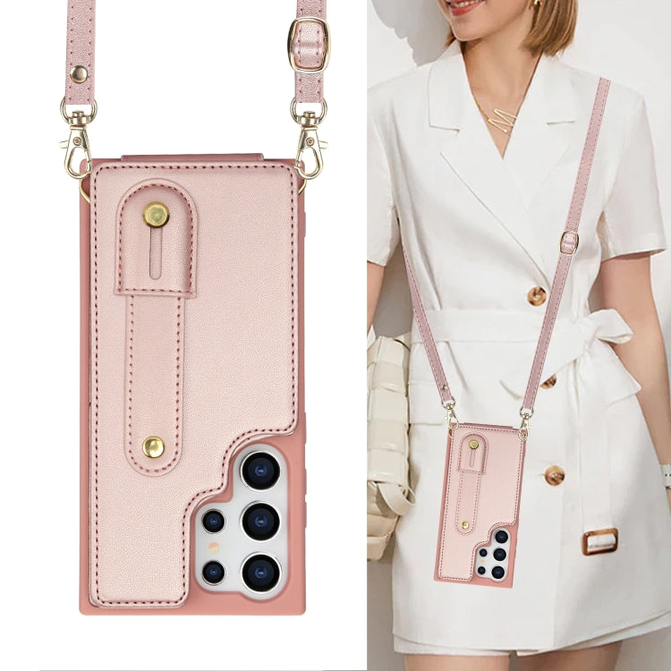 For Samsung Galaxy S24 Ultra 5G Wristband Vertical Flip Wallet Back Cover Phone Case with Long Lanyard