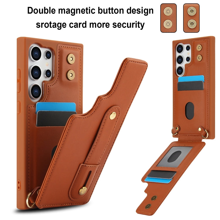 For Samsung Galaxy S24 Ultra 5G Wristband Vertical Flip Wallet Back Cover Phone Case with Long Lanyard