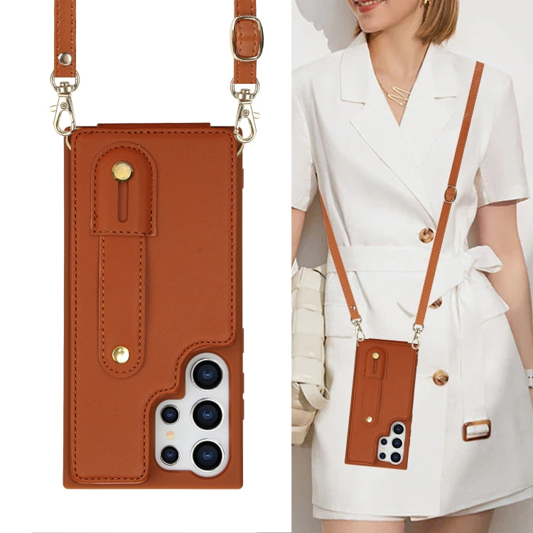 For Samsung Galaxy S24 Ultra 5G Wristband Vertical Flip Wallet Back Cover Phone Case with Long Lanyard