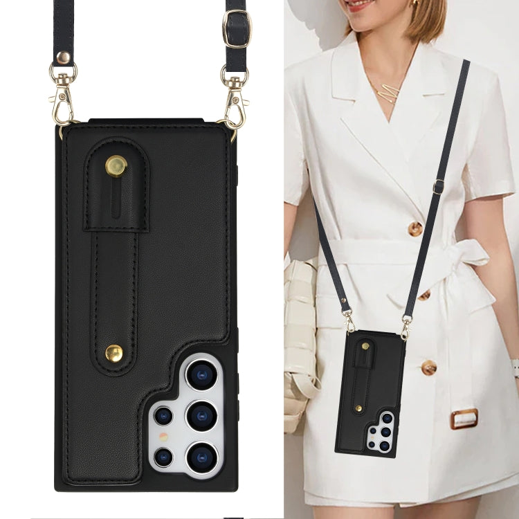 For Samsung Galaxy S25 Ultra 5G Wristband Vertical Flip Wallet Back Cover Phone Case with Long Lanyard