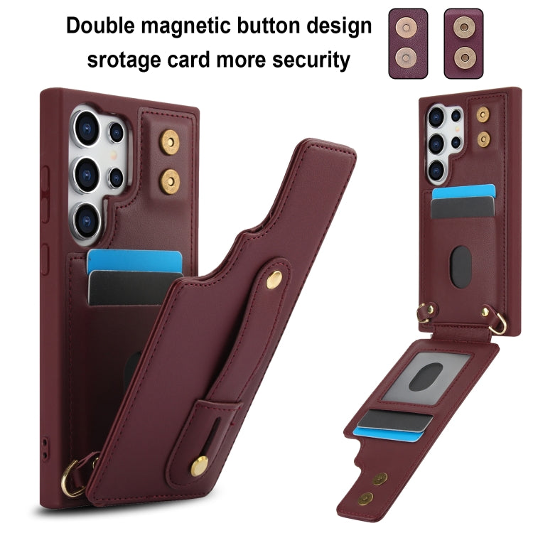 For Samsung Galaxy S25 Ultra 5G Wristband Vertical Flip Wallet Back Cover Phone Case with Long Lanyard