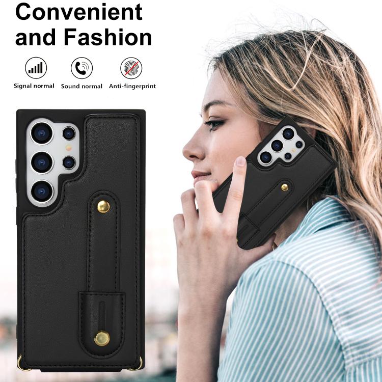 For Samsung Galaxy S26 Ultra 5G Wristband Vertical Flip Wallet Back Cover Phone Case with Long Lanyard