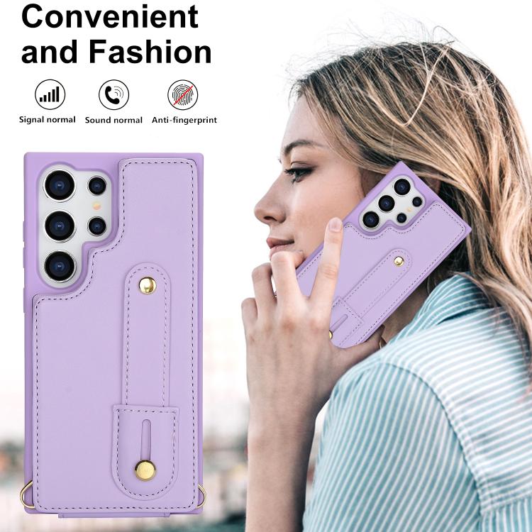 For Samsung Galaxy S26 Ultra 5G Wristband Vertical Flip Wallet Back Cover Phone Case with Long Lanyard