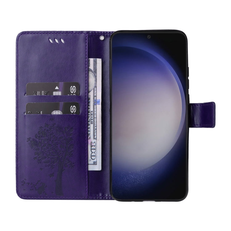 For Galaxy S25 / S24 5G Tree & Cat Embossed Pattern Flip Leather Phone Case