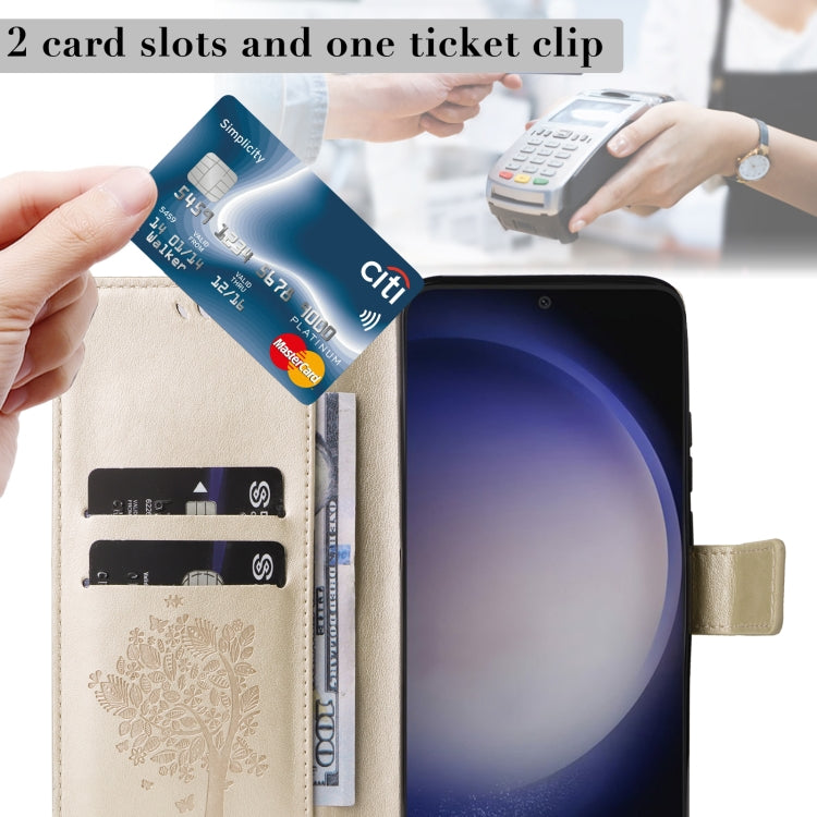 For Galaxy S25+ / S24+ 5G Tree & Cat Embossed Pattern Flip Leather Phone Case
