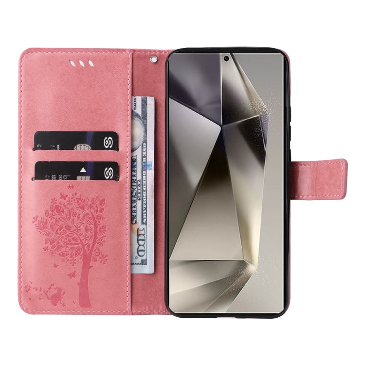 For Galaxy S25 Ultra 5G Tree & Cat Embossed Pattern Flip Leather Phone Case