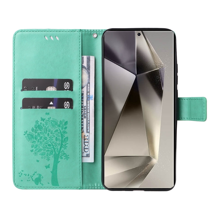 For Galaxy S25 Ultra 5G Tree & Cat Embossed Pattern Flip Leather Phone Case