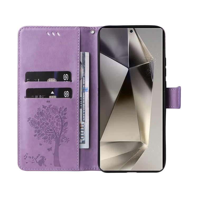 For Galaxy S25 Ultra 5G Tree & Cat Embossed Pattern Flip Leather Phone Case
