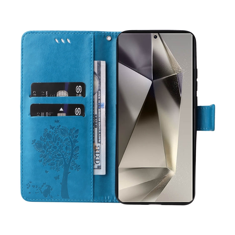 For Galaxy S25 Ultra 5G Tree & Cat Embossed Pattern Flip Leather Phone Case