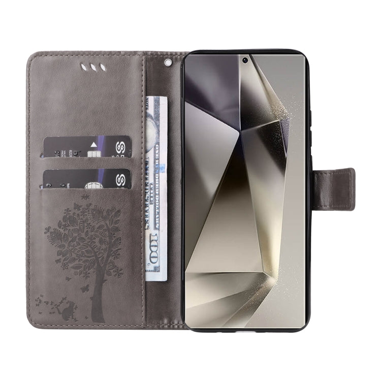 For Galaxy S25 Ultra 5G Tree & Cat Embossed Pattern Flip Leather Phone Case