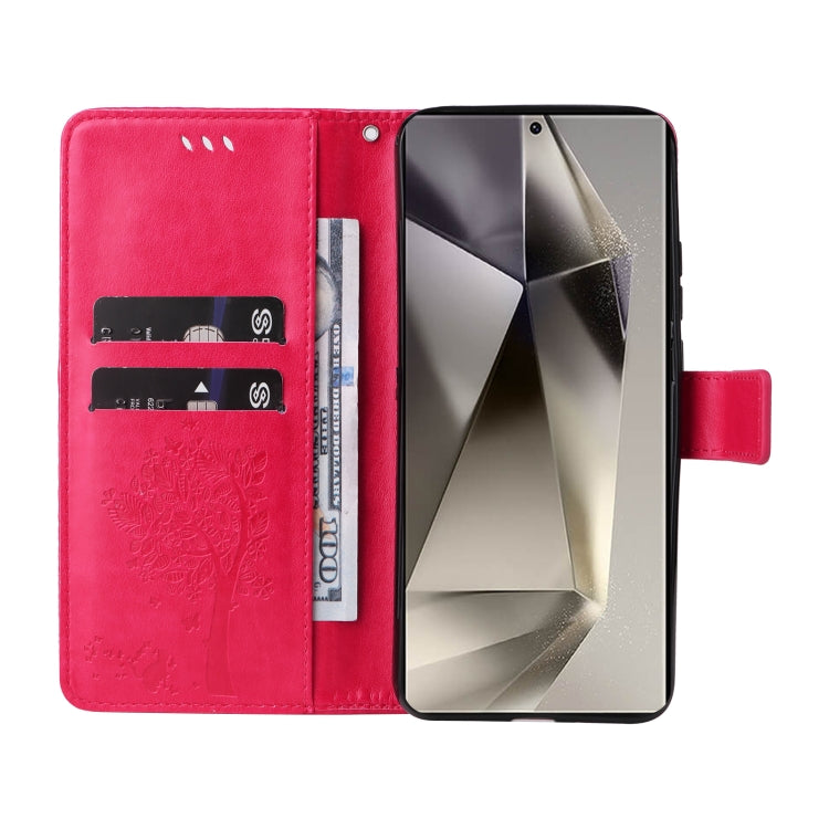 For Galaxy S25 Ultra 5G Tree & Cat Embossed Pattern Flip Leather Phone Case