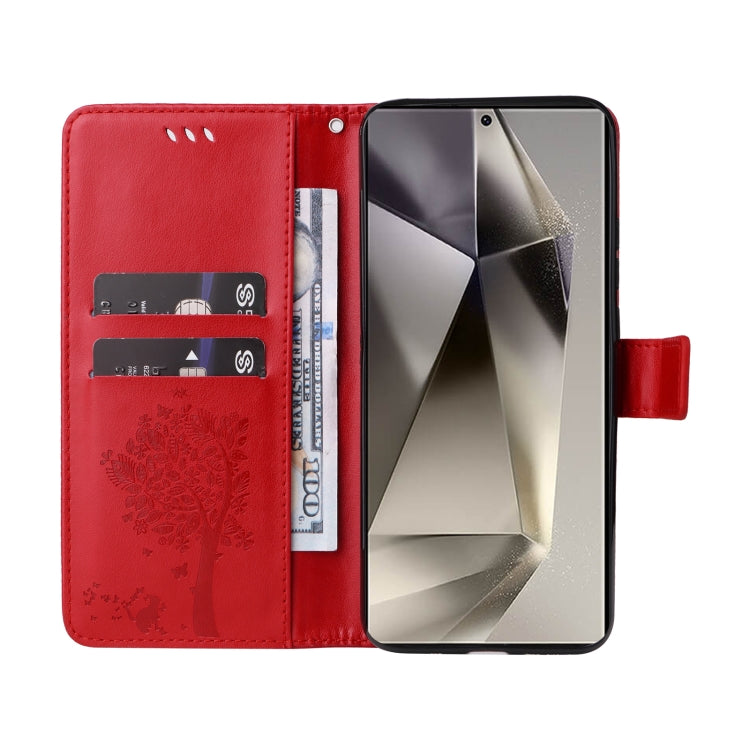 For Galaxy S25 Ultra 5G Tree & Cat Embossed Pattern Flip Leather Phone Case