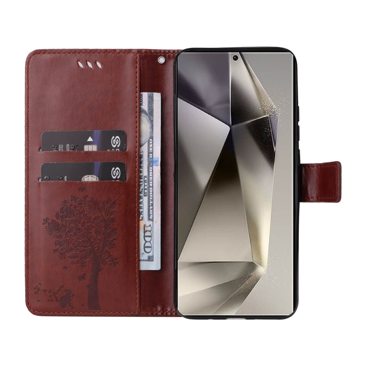 For Galaxy S25 Ultra 5G Tree & Cat Embossed Pattern Flip Leather Phone Case