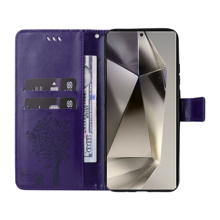 For Galaxy S25 Ultra 5G Tree & Cat Embossed Pattern Flip Leather Phone Case