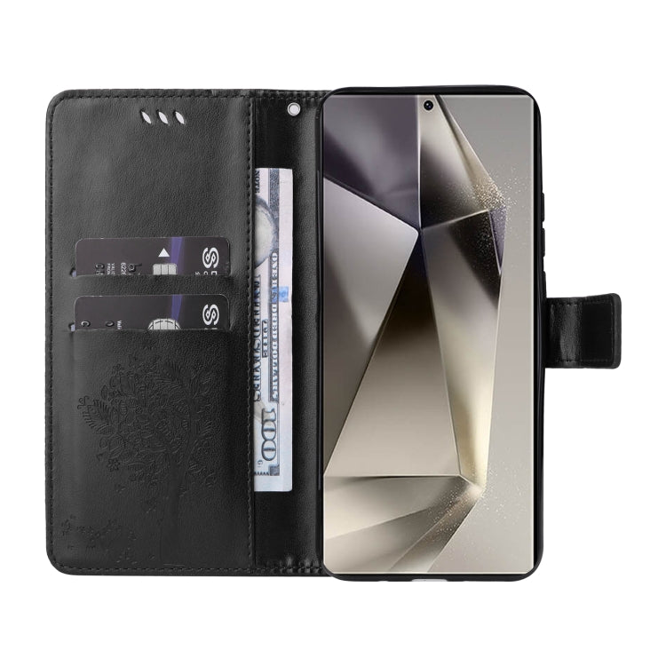 For Galaxy S25 Ultra 5G Tree & Cat Embossed Pattern Flip Leather Phone Case
