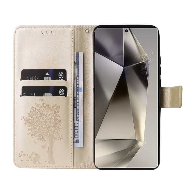 For Galaxy S25 Ultra 5G Tree & Cat Embossed Pattern Flip Leather Phone Case