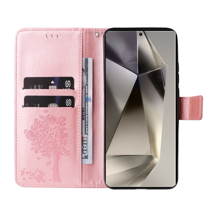 For Galaxy S25 Ultra 5G Tree & Cat Embossed Pattern Flip Leather Phone Case