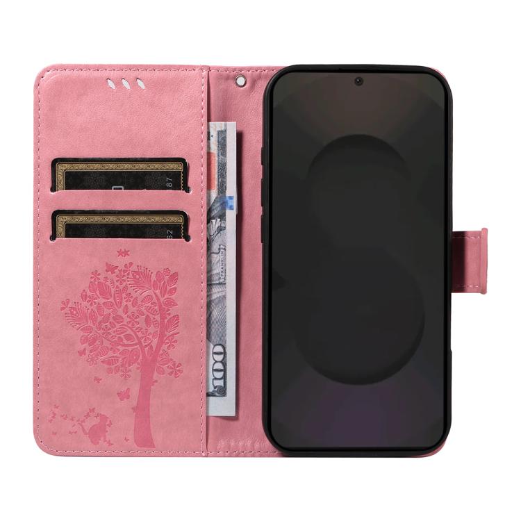 For Galaxy S25 FE 5G Tree & Cat Embossed Pattern Flip Leather Phone Case