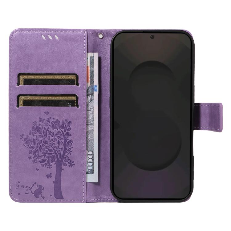 For Galaxy S25 FE 5G Tree & Cat Embossed Pattern Flip Leather Phone Case