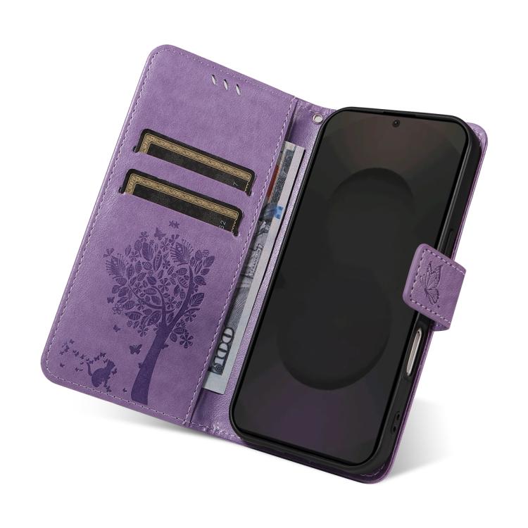 For Galaxy S25 FE 5G Tree & Cat Embossed Pattern Flip Leather Phone Case