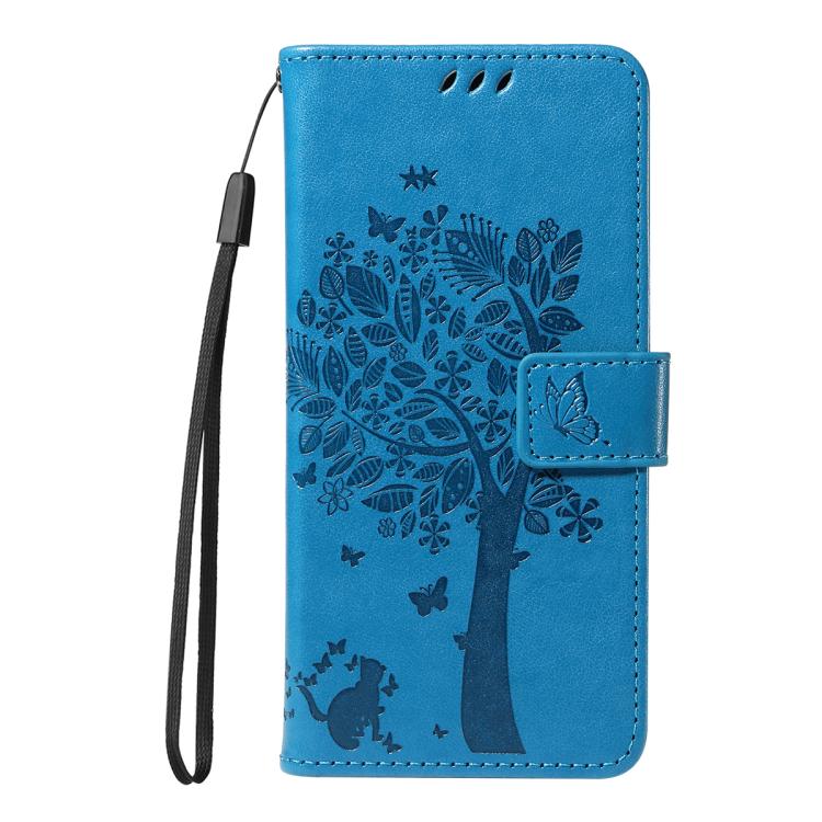For Galaxy S25 FE 5G Tree & Cat Embossed Pattern Flip Leather Phone Case
