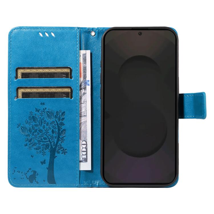 For Galaxy S25 FE 5G Tree & Cat Embossed Pattern Flip Leather Phone Case