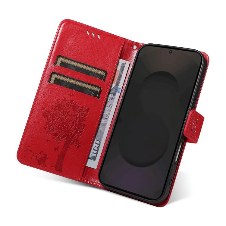 For Galaxy S25 FE 5G Tree & Cat Embossed Pattern Flip Leather Phone Case