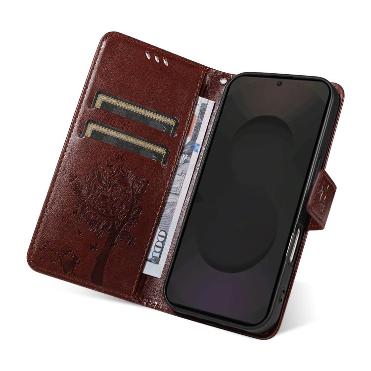 For Galaxy S25 FE 5G Tree & Cat Embossed Pattern Flip Leather Phone Case
