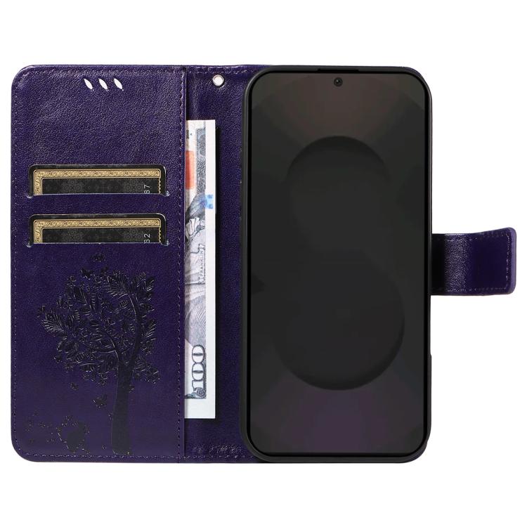 For Galaxy S25 FE 5G Tree & Cat Embossed Pattern Flip Leather Phone Case