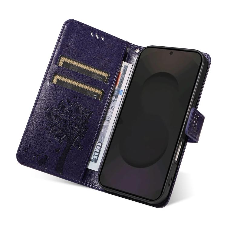 For Galaxy S25 FE 5G Tree & Cat Embossed Pattern Flip Leather Phone Case