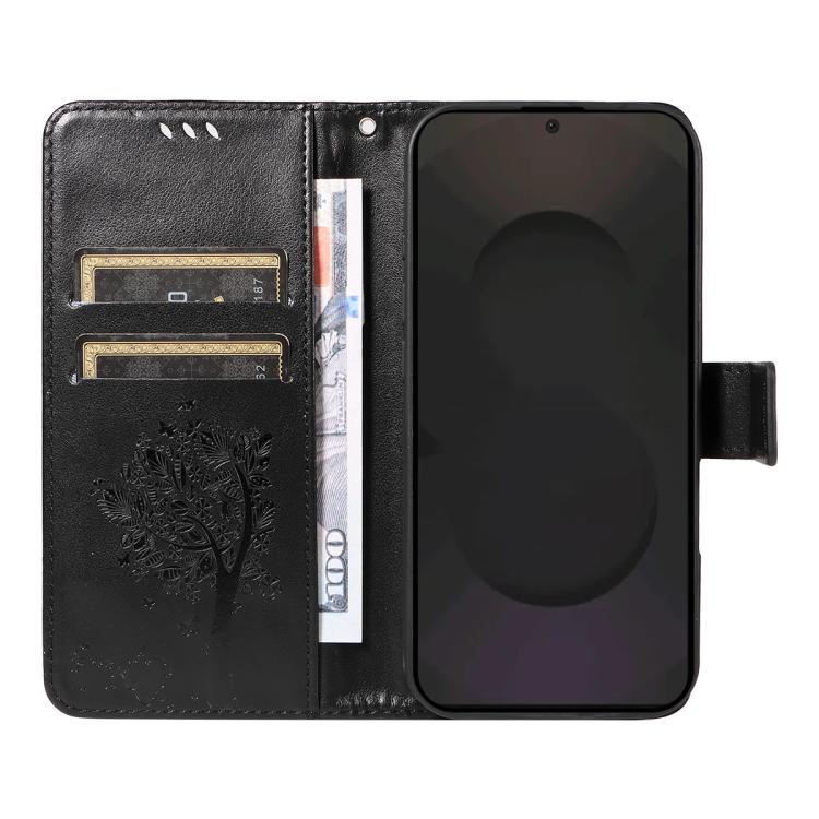 For Galaxy S25 FE 5G Tree & Cat Embossed Pattern Flip Leather Phone Case
