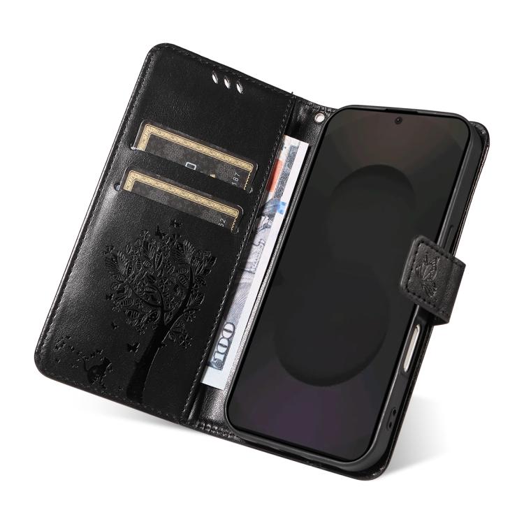 For Galaxy S25 FE 5G Tree & Cat Embossed Pattern Flip Leather Phone Case