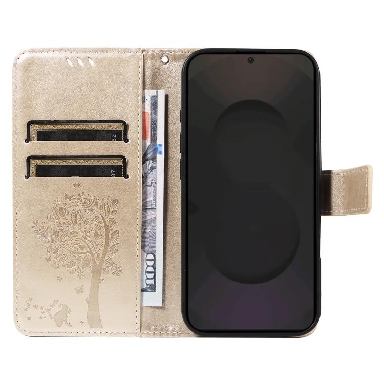 For Galaxy S25 FE 5G Tree & Cat Embossed Pattern Flip Leather Phone Case