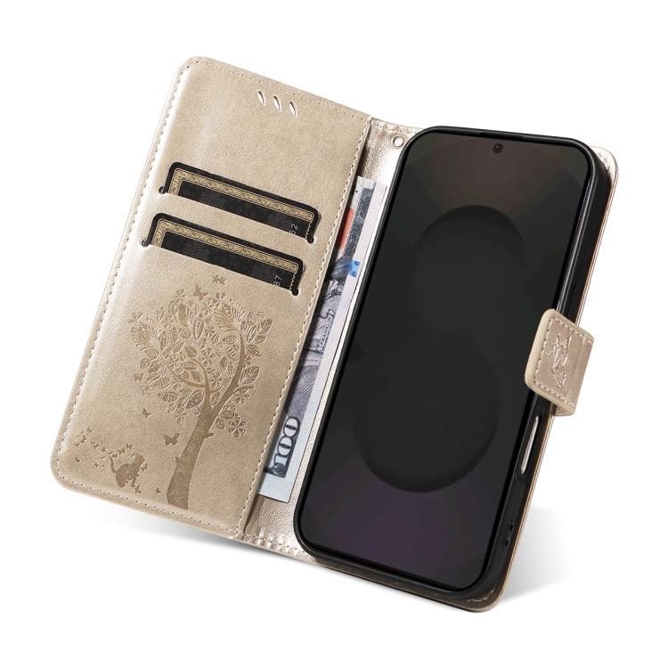 For Galaxy S25 FE 5G Tree & Cat Embossed Pattern Flip Leather Phone Case