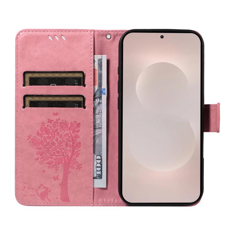 For Galaxy S26 Edge 5G Tree & Cat Embossed Pattern Flip Leather Phone Case
