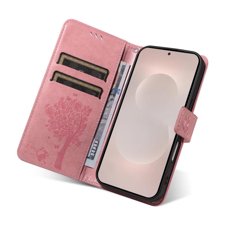 For Galaxy S26 Edge 5G Tree & Cat Embossed Pattern Flip Leather Phone Case