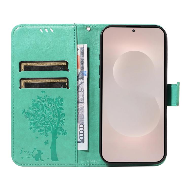 For Galaxy S26 Edge 5G Tree & Cat Embossed Pattern Flip Leather Phone Case