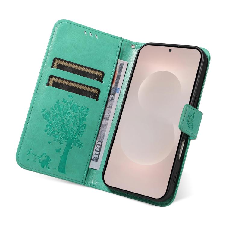For Galaxy S26 Edge 5G Tree & Cat Embossed Pattern Flip Leather Phone Case