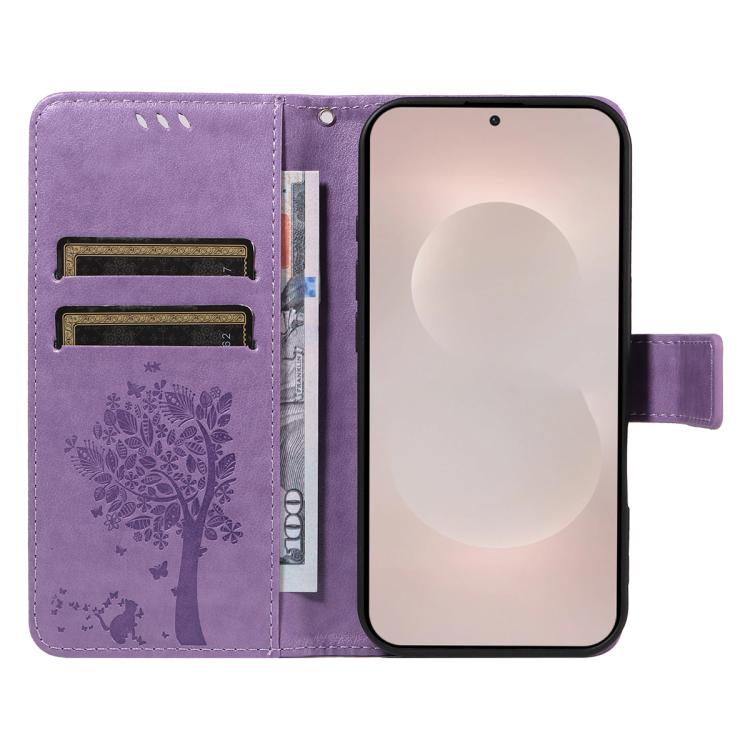 For Galaxy S26 Edge 5G Tree & Cat Embossed Pattern Flip Leather Phone Case